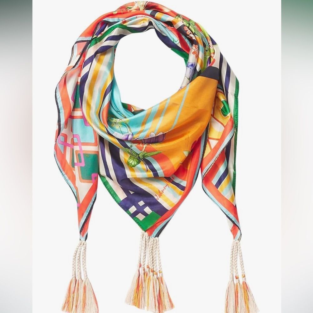 Johnny Was Lucana Scarf Large Silk Tassels Mix Print Patchwork Artsy Maximalist